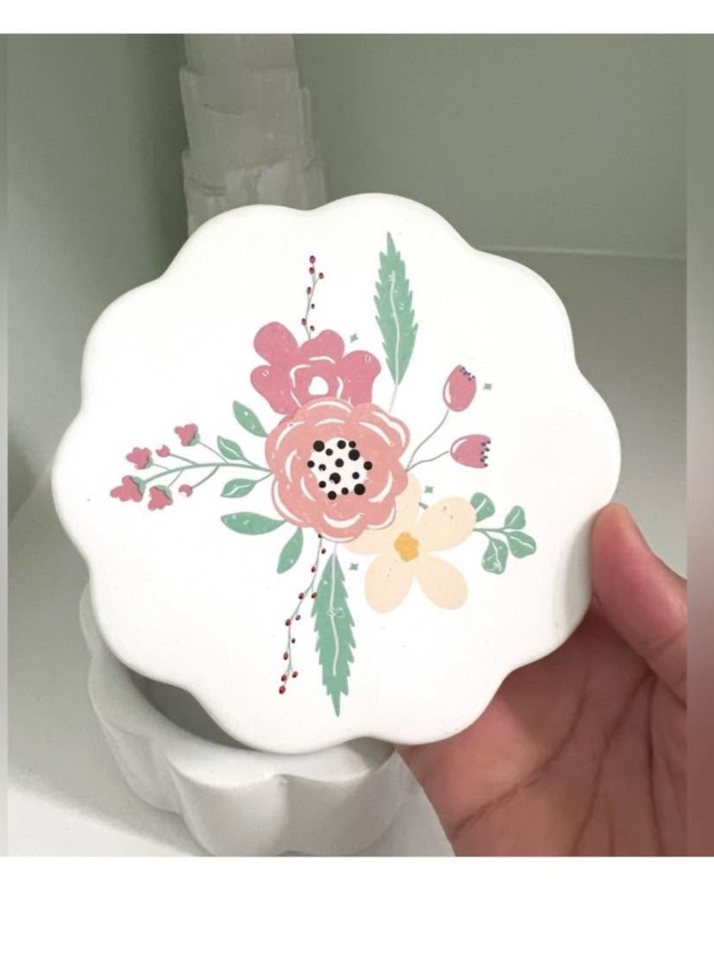 Floral Scalloped Ceramic Trinket Dish - Pink & Green